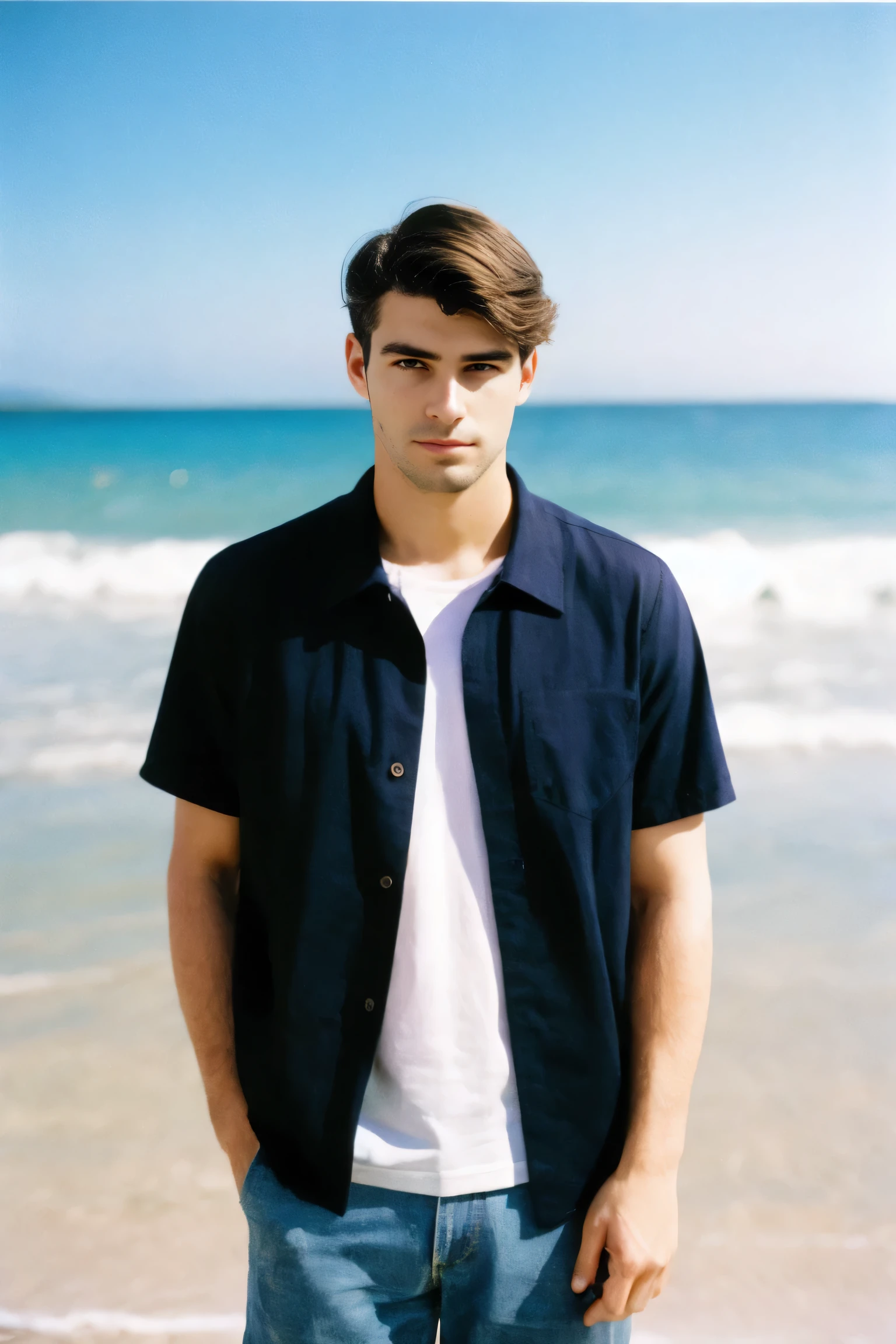 analog photography ,raw,photo ,handsome men short hairstyle,beach paradise
