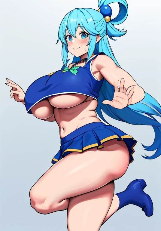aqua \(konosuba\), mksks style, (very detailed background:1.0), (highly detailed background:1.0), {Masterpiece}, High Quality, 1girl, blue eyes, blue footwear, blue hair, blush, breasts, hair ornament, hair rings, leg up, long hair, looking at viewer, huge ass, huge breasts, huge thighs, narrow waist, wide hips, thick thighs, curvy, open hand, single hair ring, s, smile, solo, standing, standing on one leg, cleavage, hands in the air, jumping, pompoms, cheerleader, cheerleader outfit, mini skirt, exposed midriff, underboob, bouncing breasts, collar,blushing,sweating, (breathing hard), (panting), anime, farm, smile, very long hair, kono subarashii sekai ni shukufuku wo!,