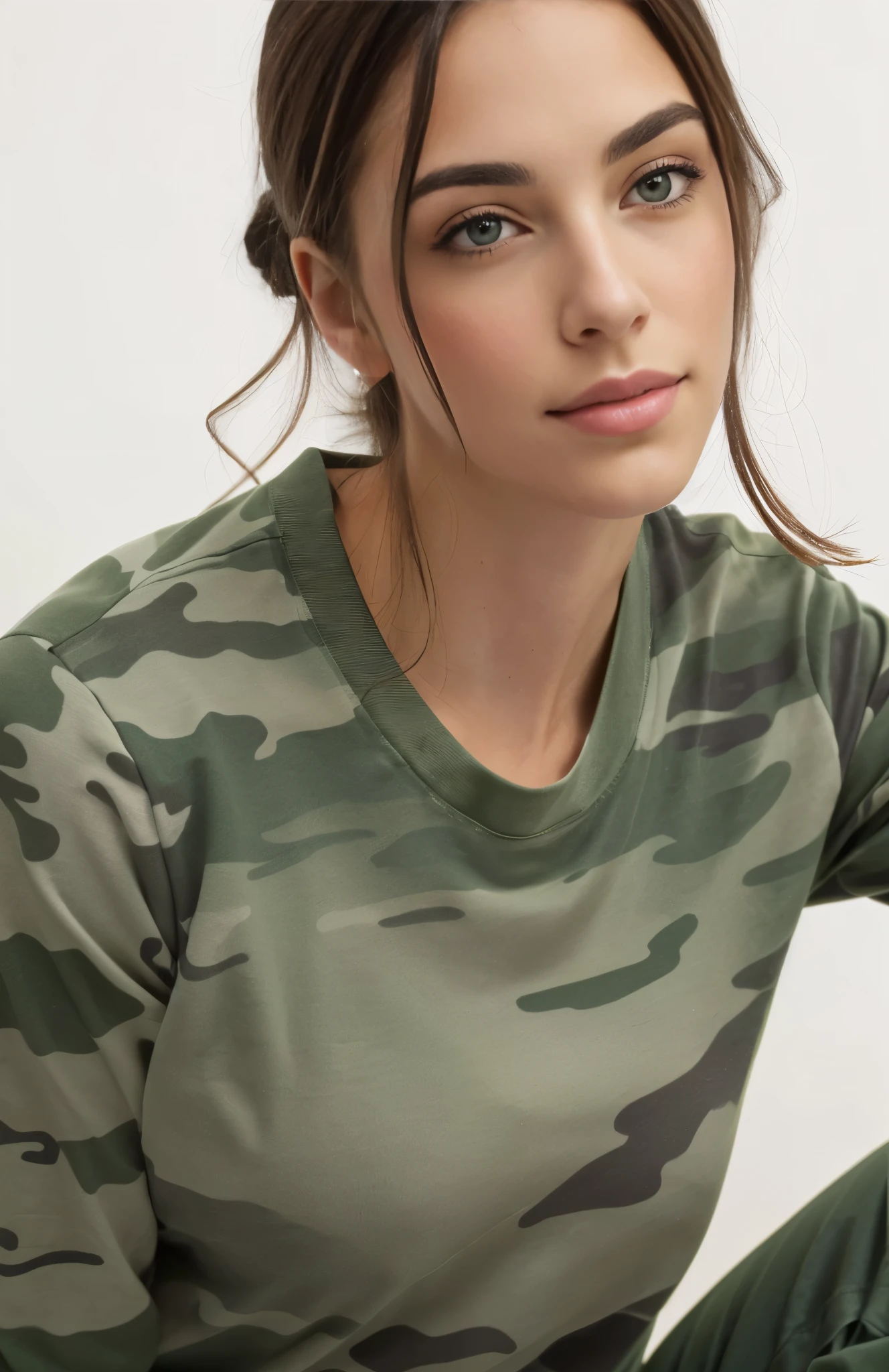 fit woman in green shirt and green pants posing for a photo, camuflar, vestindo camuflagem, Victoria Siemer, malika favre, close da parte superior do corpo, astor alexander, camuflagem da selva, militares, army, Garota militar, close frontal, vista lateral, vista lateral, vista lateral, graphic detail, Retrato lateral, camuflar made of love