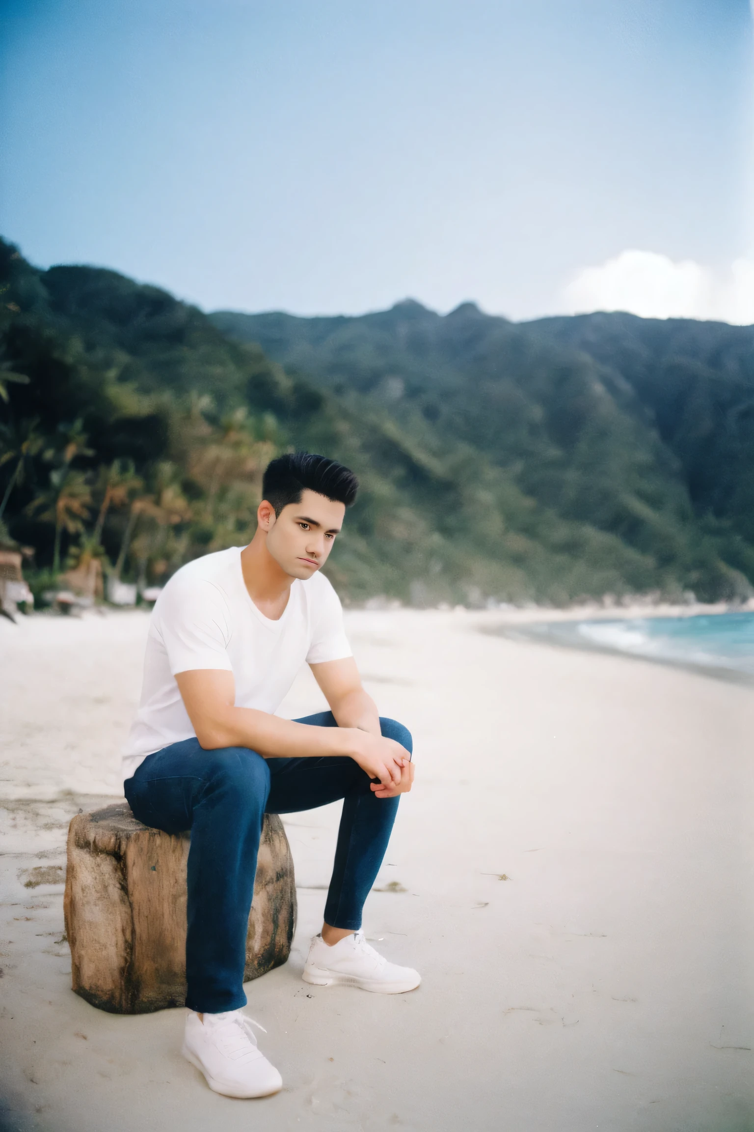 analog photography ,raw,photo ,handsome men short hairstyle,beach paradise