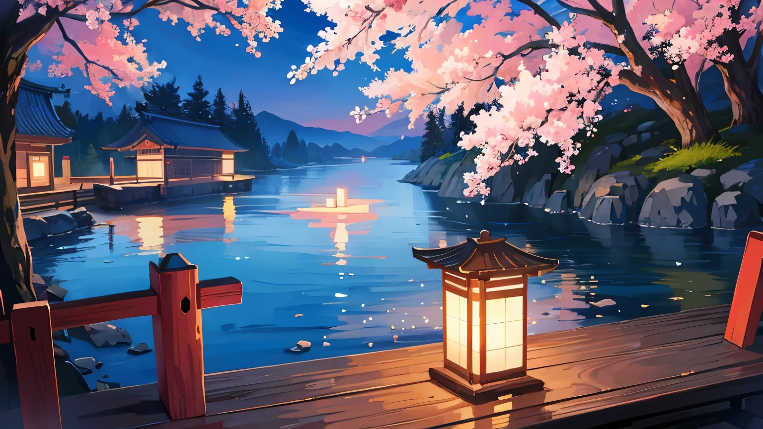 Japanese ancient times, spring, night, lake, temple, sakura, rock, hot spring, water vapor, (illustration: 1.0), epic composition, atmospheric lighting, HD details, masterpiece, best quality, (very detailed CG unified 8k wallpaper)