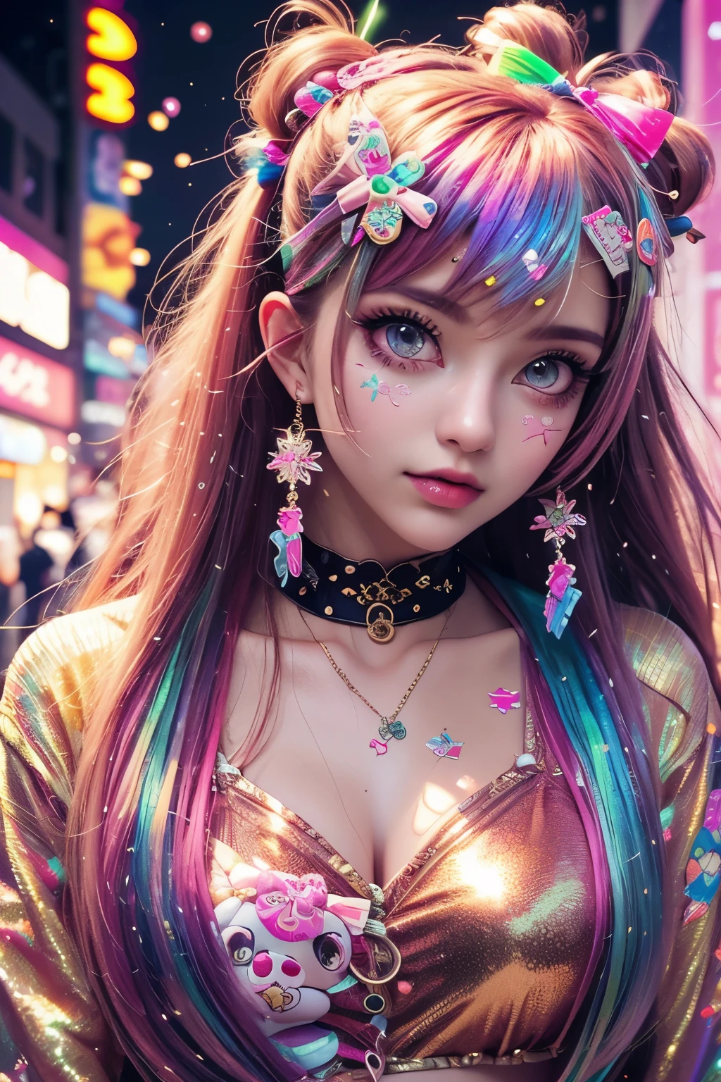 This is a colorful and ornate (masterpiece). Generate a trendy decora woman in the colorful and busy streets of Akihabara, Tokyo. Generate a lovely decora adult woman in the style of Harajuku street fashion. Her clothes are vibrant in the Harajuku style. Include oversized accessories, neon colors, and inventive layering. The woman's clothes and accessories should be highly ornate in the ((((Harajuku decora)))) and decora kei style. The woman's hair is curly and glossy and styled cutely. The woman's clothes and accessories should be highly ornate in the Harajuku decora and decora kei style. Her eyes are important and stunning, with interesting coloring and patterns. ((((iridescence and shimmer)))), glitter, best eyes, best quality, cyberpunk kei, visual kei, selfie, bold colors and patterns, LED lights, ((glowing neon signs)), ((ultra detailed)), dynamic composition, (((decora)))
