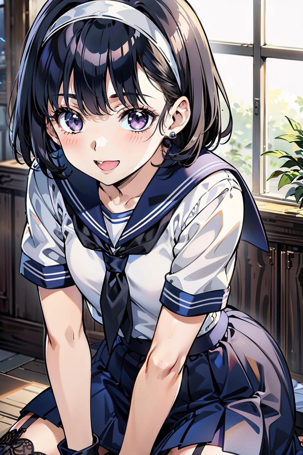 sailor uniform, sailor suit, one woman, (A beauty woman, Delicate high school girl:1.3), 8K, highest quality, masterpiece, Very detailed, Ultra-high resolution, Realistic, RAW Photos, Absolute Resolution, Black Hair, Bobcut, Small face compared to body, Very small face, Black Hair, ((Navy blue sailor suit)), Navy Blue Skirt, High school girl in sailor suit, 2D Rendering of Anime, Realistic若いアニメの女子高生, , ((White headband)), Small breasts, tall, Slanted Eyes, Purple Eyes, Black Stockings, garter belt, toothless smile, Private room, (Step lightly:1.3), (Top-down position:1.2), Open your mouth, smile, upper body, looking at viewer, blurry background,