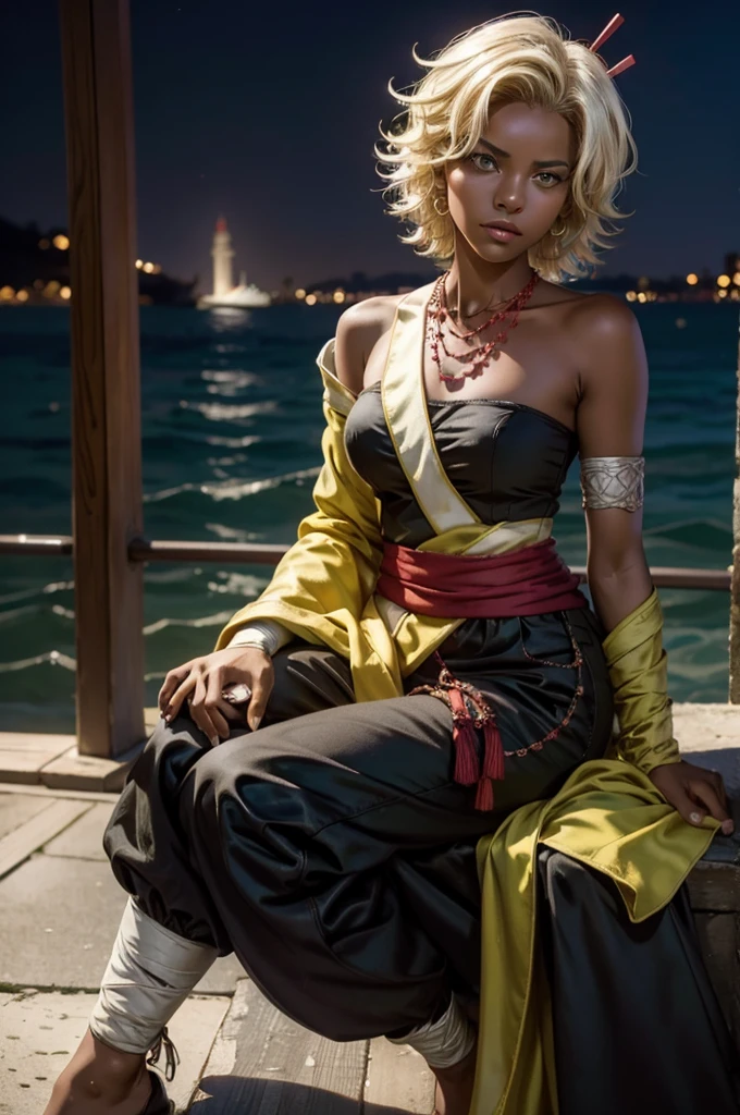 arslanaltan, 1girl, blonde hair, short hair, green eyes, dark skin, brown skin, hair ornament, sash, baggy pants, bandages, bare shoulders, necklace, (Masterpiece, Best Quality, Highres:1.2), Detailed, Intricate Details, 4K, solo, full body, high rating, sitting in gondola, venice, italy, night, stars, moon closed mouth, serious look, serious expression, looking at viewer,