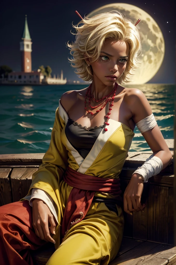 arslanaltan, 1girl, blonde hair, short hair, green eyes, dark skin, brown skin, hair ornament, sash, baggy pants, bandages, bare shoulders, necklace, (Masterpiece, Best Quality, Highres:1.2), Detailed, Intricate Details, 4K, solo, full body, high rating, sitting in gondola, venice, italy, night, stars, moon closed mouth, serious look, serious expression, looking at viewer,
