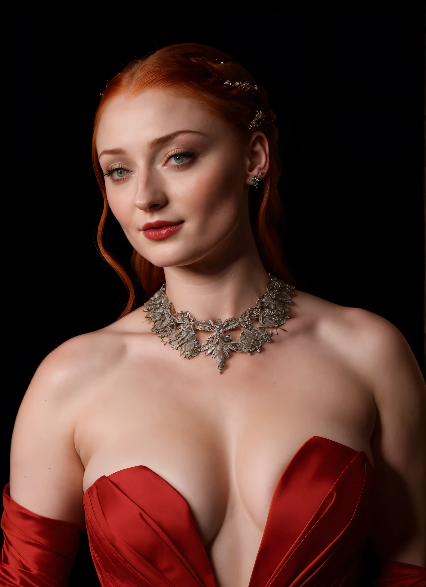 Face of Sophie Turner, Sansa Stark played by Sophie Turner, the de facto Lady of the Eyrie, is a 40-year-old mature queen with a stunning, alluring appearance. Full Face, pierced eyes, reddish lips, upper body shot, erotic Mediaeval costumes, game of thrones costumes, She wears a Game of Thrones-inspired costume and has a deep cleavage, a perfect thick body, and a perfect thick figure. The photograph captures her in a close-up, with her skin texture and facial features being ultra-realistic and realistic. Juicy thick figure, high quality skin, Skin pores, amazing details,