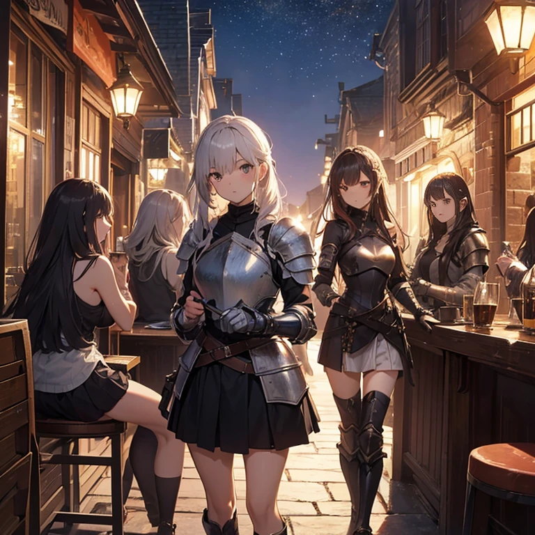 A group of young female knight, (in tavern), various hair styles, harem, wearing armored clothes, metal armor, night, details face, , short skirt, seducing, sword, sleeveless , night, starry night 