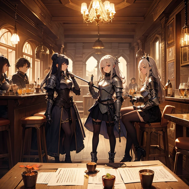 A group of young female knight, (in tavern), various hair styles, harem, wearing armored clothes, metal armor, night, details face, , short skirt, seducing, sword, sleeveless , night, starry night