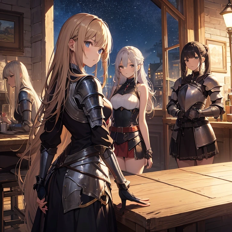 A group of young female knight, (in tavern), various hair styles, harem, wearing armored clothes, metal armor, night, details face, , short skirt, seducing, sword, sleeveless , night, starry night