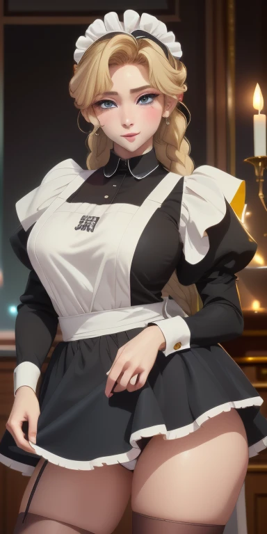 (masterpiece), best quality, Ultra Detailed, Perfect hands, Perfect legs, Delicate eye expression, 1 girl alone,, whole body,maid,Braided hair,Maid costume(Black, mini skirt),maid headdress, skirt lift, at midnight, 客厅Walk廊(hidden, Only candles are glowing), Walk,(High heel),Squint your eyes, Smile, Large Breasts. (((cleveage)))8k, Ultra Detailed, Fair and aesthetic, high quality, Fair, masterpiece, best quality, Everlasting, Lean over, glowing skin, Sticking out tongue of mouth, blush, Sexy body, definition, Perfect eyes, Sticking out tongue, blush, Strabismus,(eyes filled with tears, Saliva residue), The hem of the skirt is wet, Brushed, photography, 8k, HDR, high resolution, absurd:1.2, Kodak Portrait 400, Film Grain, Blurred background, Bokeh:1.2, lens flare, (Full of energy_color:1.2),专业photography师