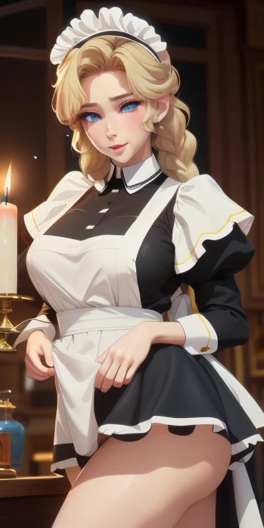 (masterpiece), best quality, Ultra Detailed, Perfect hands, Perfect legs, Delicate eye expression, 1 girl alone,, whole body,maid，Braided hair,Maid costume(Black, mini skirt),maid headdress, skirt lift,  at midnight, 客厅Walk廊(hidden, Only candles are glowing), Walk,(High heel),Squint your eyes, Smile, Large Breasts. (((cleveage)))8k, Ultra Detailed, Fair and aesthetic, high quality, Fair, masterpiece, best quality, Everlasting, Lean over, glowing skin, Sticking out tongue of mouth, blush, Sexy body, definition, Perfect eyes, Sticking out tongue, blush, Strabismus,（eyes filled with tears, Saliva residue）, The hem of the skirt is wet, Brushed, photography, 8k, HDR, high resolution, absurd:1.2, Kodak Portrait 400, Film Grain, Blurred background, Bokeh:1.2, lens flare, (Full of energy_color:1.2),专业photography师