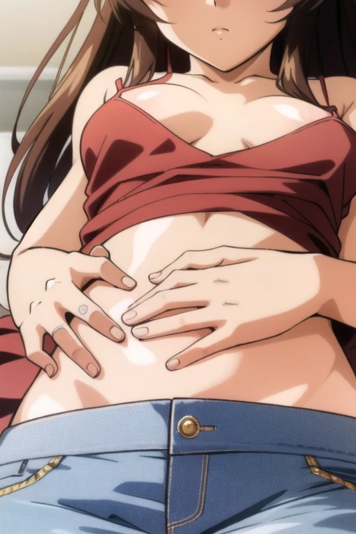 ((best quality)), ((masterpiece)), (detailed), perfect face, brown skin anime woman in a deep V-neck cami top, (jeans), (long hair), starving, (resting hands on the stomach), (hands on the stomach)