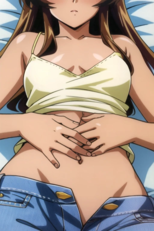((best quality)), ((masterpiece)), (detailed), perfect face, brown skin anime woman in a deep V-neck cami top, (jeans), (long hair), starving, (resting hands on the stomach), (hands on the stomach)
