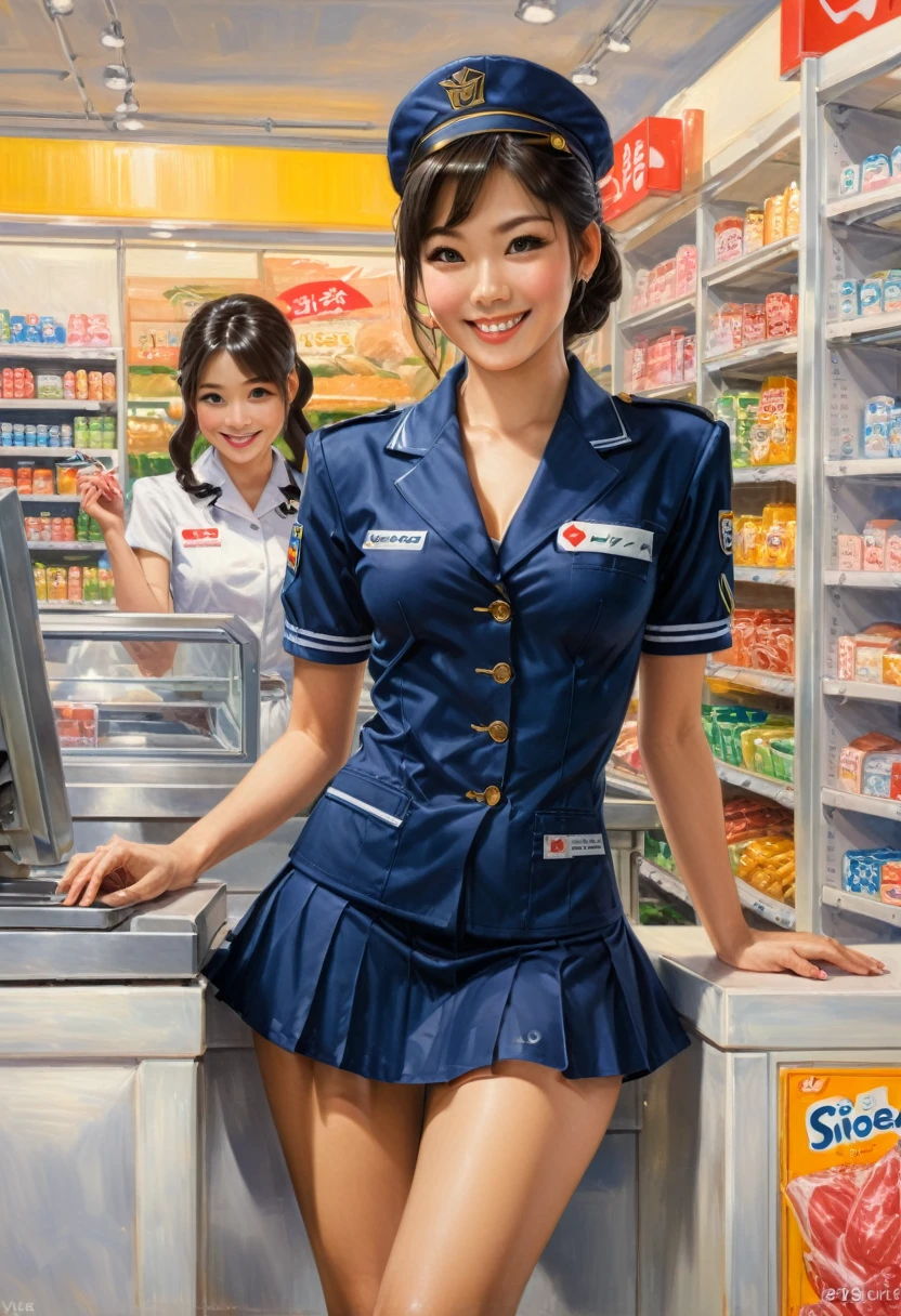 A classic oil painting depicting a japanese woman working at the checkout of a supermarket dressed in sexy uniform, smiling, flirting, (masterpiece, best quality, Professional, perfect composition, very aesthetic, absurdres, ultra-detailed, intricate details:1.3)