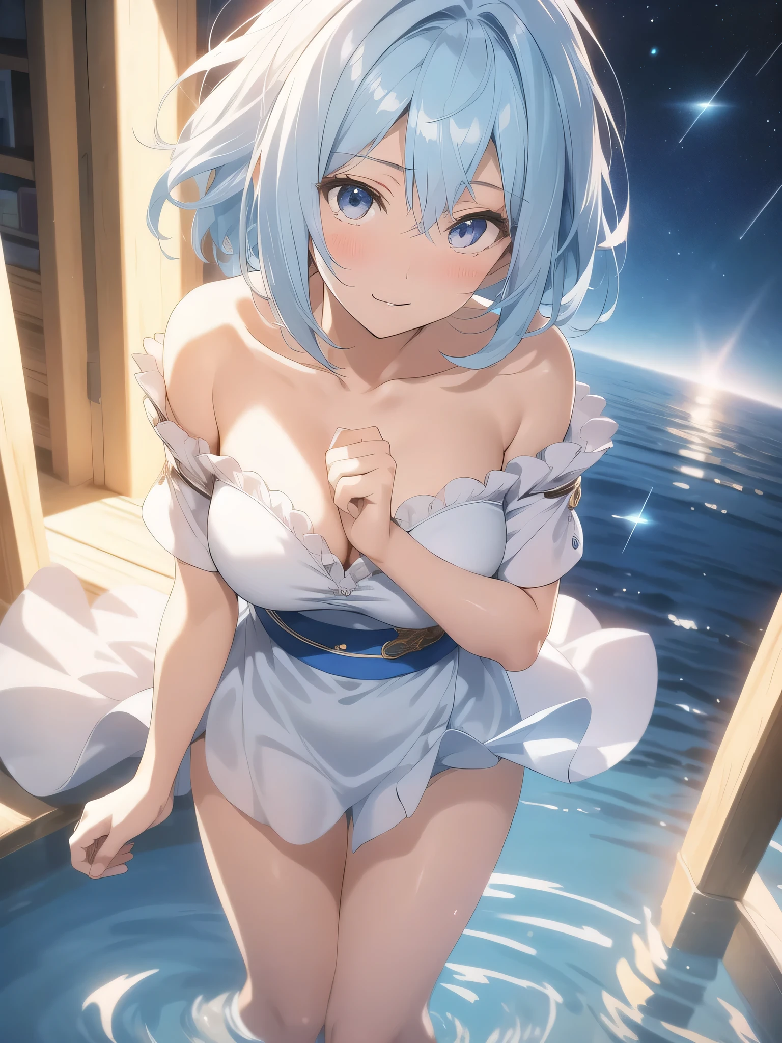 Pieces fly、1 girl(1:2)、Age 25、universe、masterpiece, highest quality, (delicate eyes and face), Volumetric Light, Ray Tracing, Highly detailed CG Unity 8k wallpaper, Remlin, Hair above one eye, Light blue hair between the eyes、short hair、Light blue hair(1:2)、Looking at the audience, Upper Body, Expressionless, Seductive pose,Beautiful crystal eyes(1:1)、Show Eyes、grin and laugh、The art style resembles an attractive anime style. About image quality, priority (highest quality, 4K, 8k, High resolution, Bodyline 1.2), Very detailed, and (Realistic, Realistic, Photorealistic:1.37) ,Yoga poses.Ultra-fine painting, Sharp focus, Physically Based Rendering, Extreme Detail, Professional, Bright colors,There's the sea behind、Light blue bikini(1:2)、White shirt with a little sheer feel、Plump thighs、Spread your legs wide、Put your hands behind your back、big 、A sea of iridescent fur、Seven colors of the sea(1:2)、deep sea(1:2)
