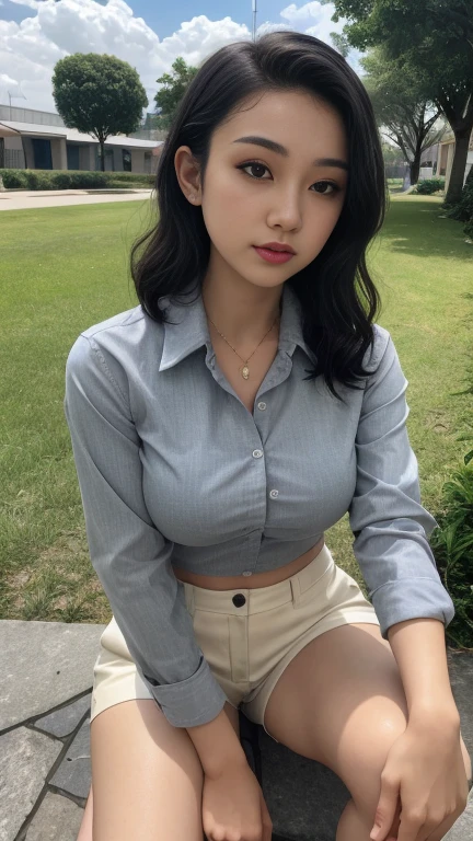 (extremely detailed, best quality) short wavy hair, 23 years old 160cm 55kg wearing grey plain button shirt, white sport pants. Bright face. sitting on the grass. Big breast jumbo. bright photo.