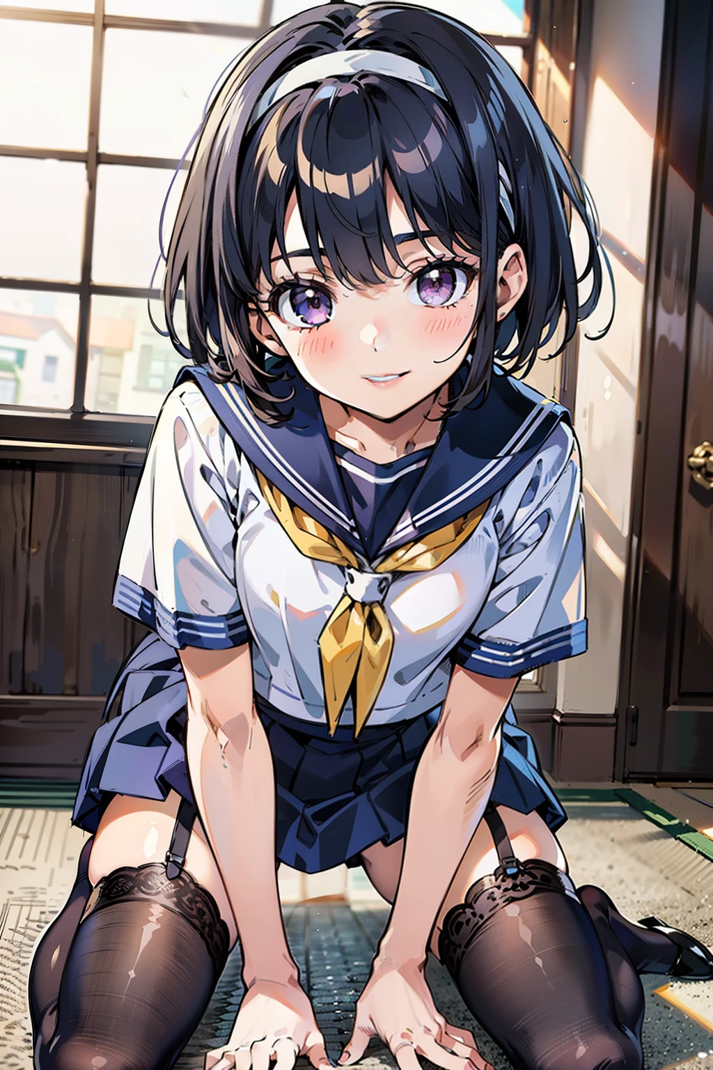 sailor uniform, sailor suit, one woman, (A beauty woman, Delicate high school girl:1.3), 8K, highest quality, masterpiece, Very detailed, Ultra-high resolution, Realistic, RAW Photos, Absolute Resolution, Black Hair, Bobcut, Small face compared to body, Very small face, Black Hair, ((Navy blue sailor suit)), Navy Blue Skirt, High school girl in sailor suit, 2D Rendering of Anime, Realistic若いアニメの女子高生, , ((White headband)), Small breasts, tall, Slanted Eyes, Purple Eyes, Black Stockings, garter belt, toothless smile, Private room, (Step lightly:1.3), (Top-down position:1.2), blurry background,