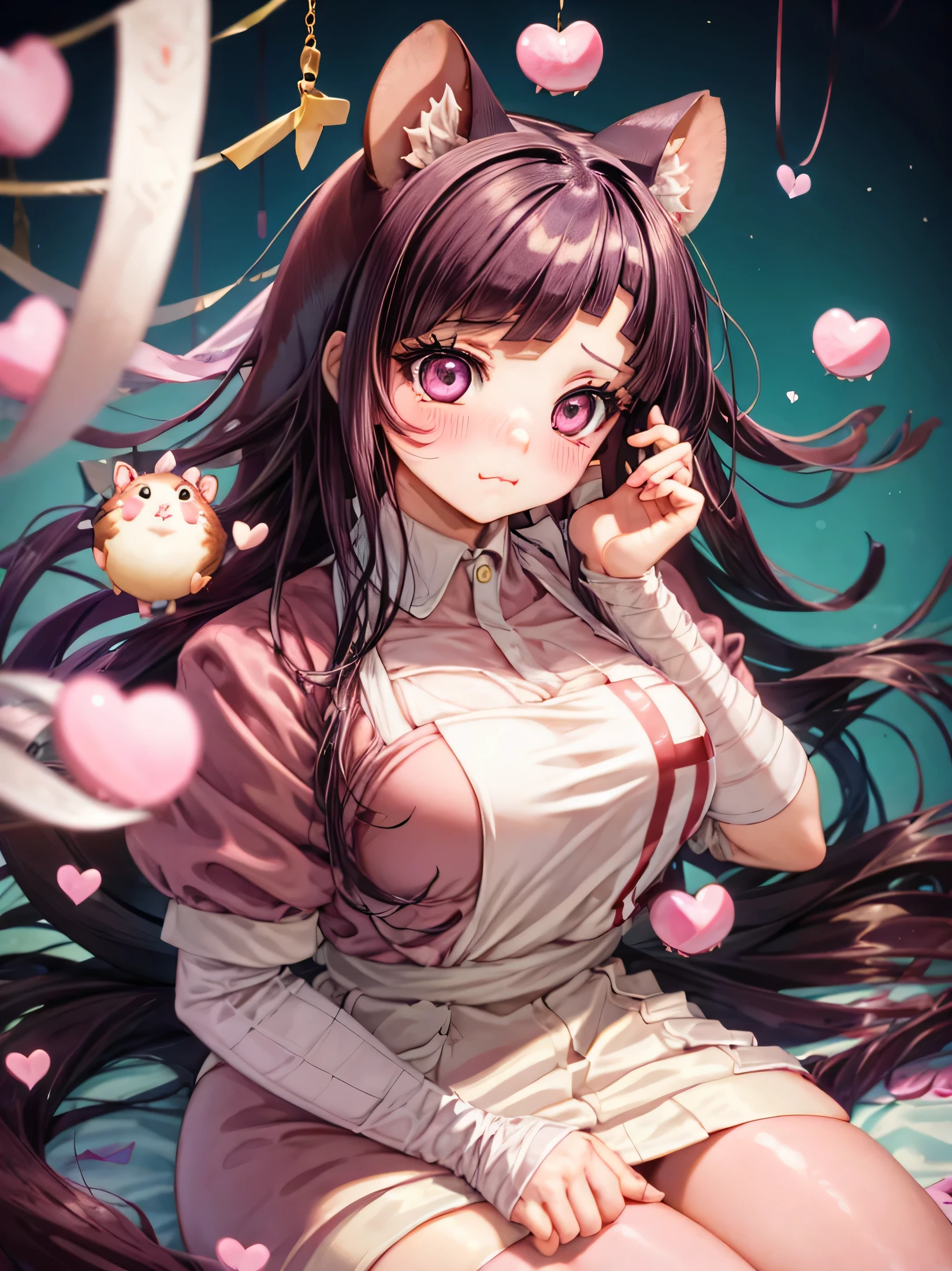 Dark purple hair, pink eyes, blush, hamster ears, hamster girl, kawaii, cute, cheeks blushing, Big breasts