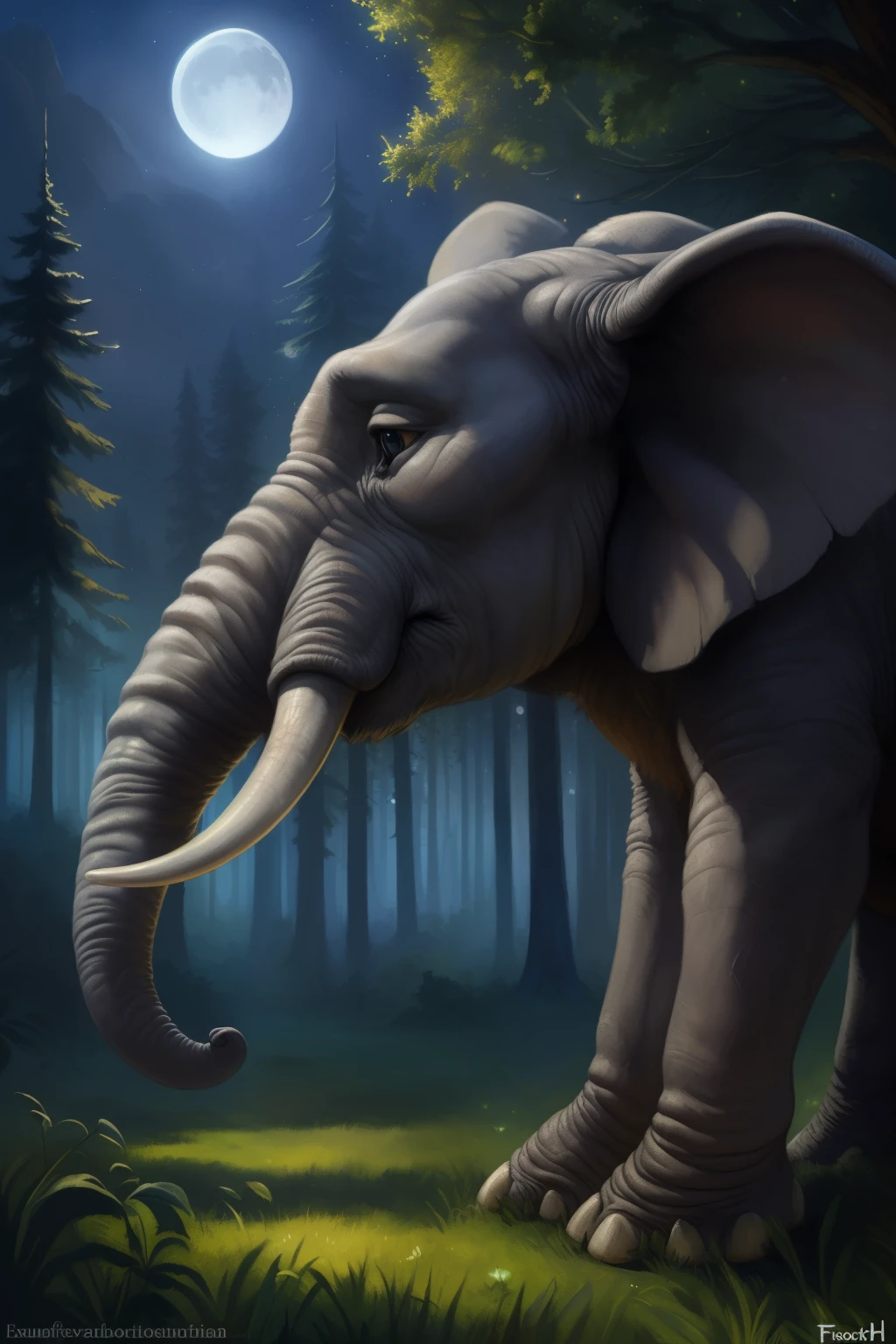 (ultra detailed), a magnificent and awe-inspiring full size portrait of an anthro elephant,ELEPHANT, (((large ears, gray skin))), majestic, ((correct anatomy)), trunk, standing tall, ((side view, full view)), ((detailed texture, wrinkled skin)), ((enchanted forest, moonlit night)), big body, powerful, godlike, kenket, Ross Tran,ruan jia, trending on artstation,foxovh, cenematic lighting, ((grassy clearing, tall trees, stars shining)), (((tranquil, peaceful, serene)), detailed background, ((wisdom, intelligence)), ((soft, gentle,