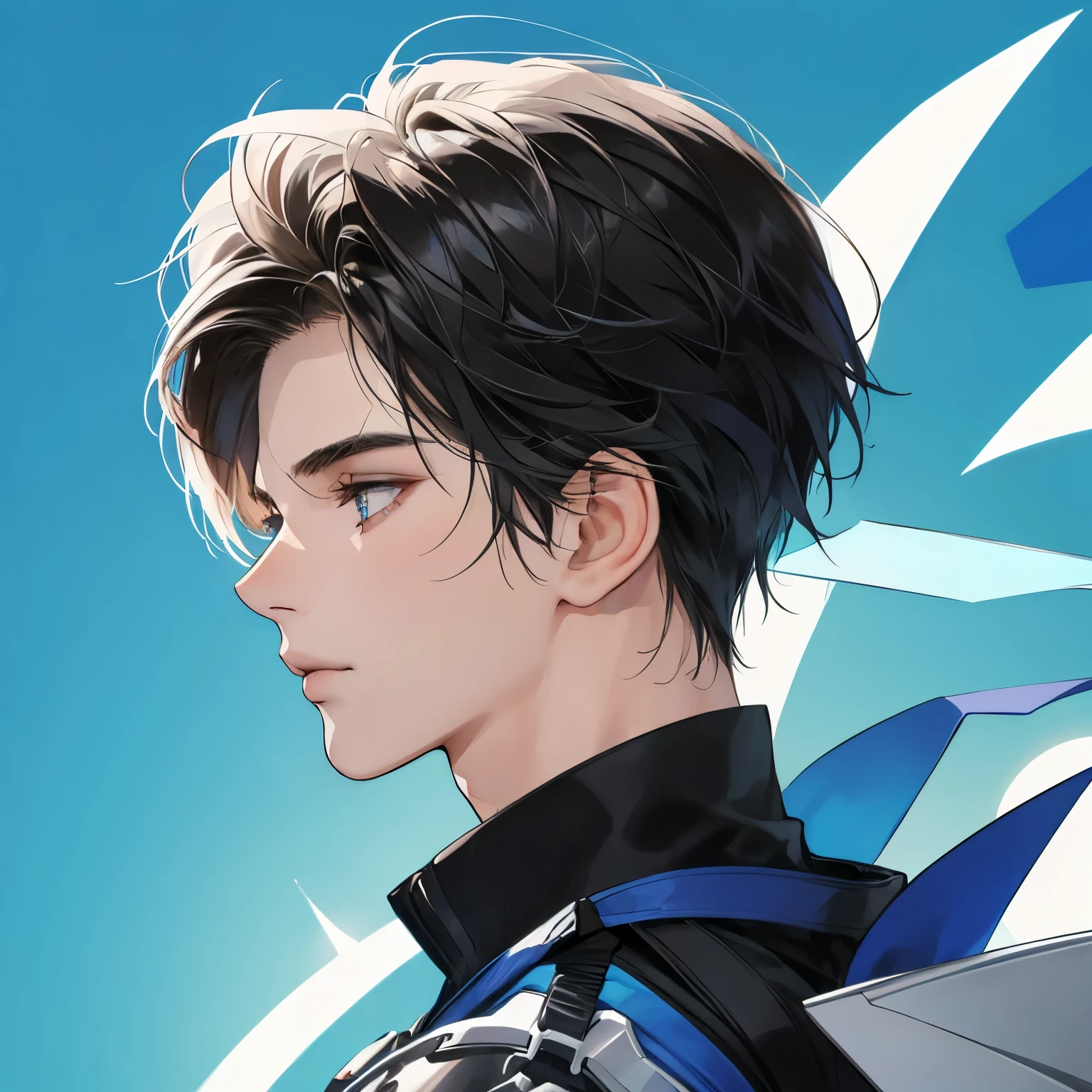 [best quality, ultra-detailed, realistic:1.37], side view portrait of a 20-year-old handsome boy with striking features, [blue] background, anime comics version