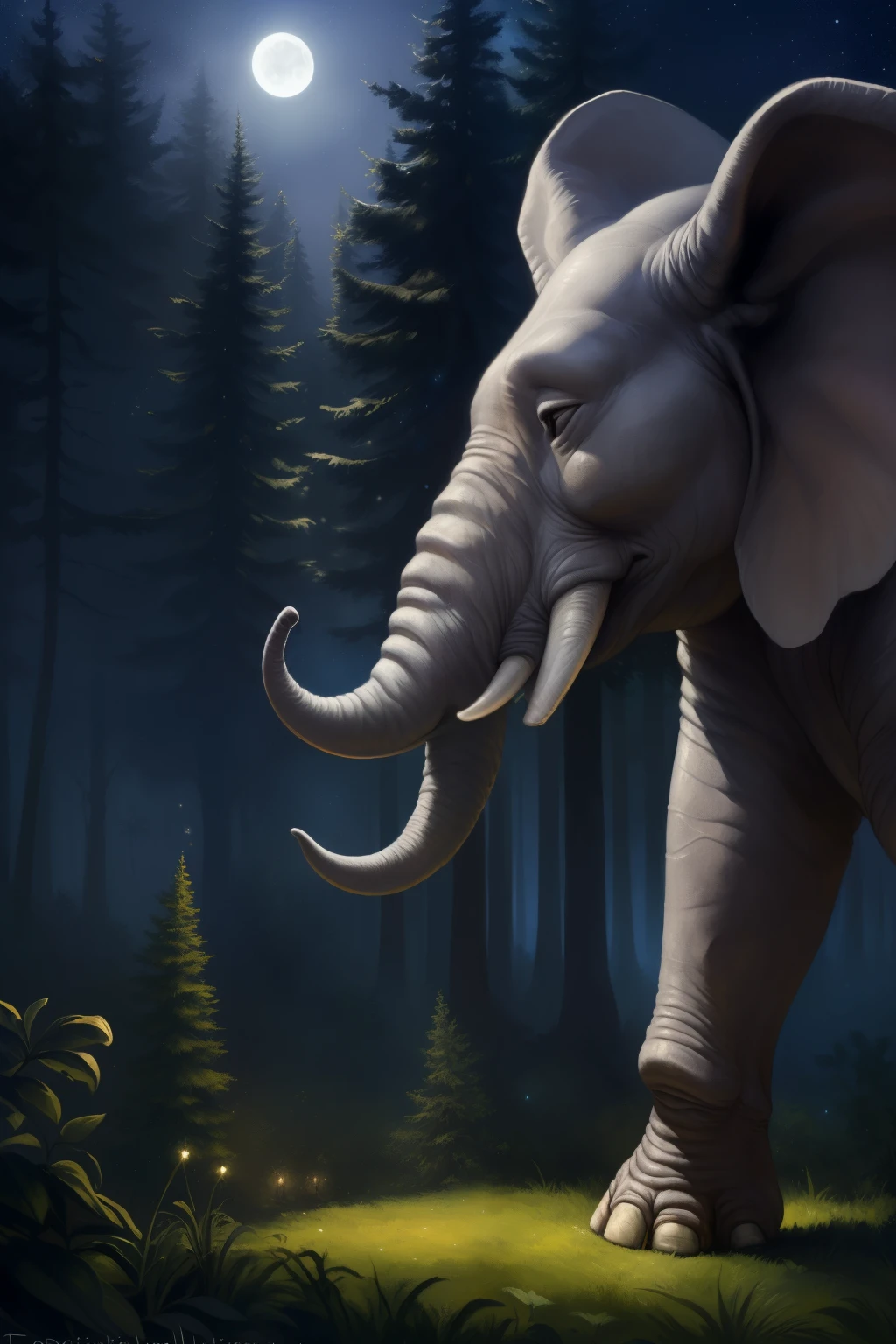 (ultra detailed), a magnificent and awe-inspiring full size portrait of an anthro elephant,ELEPHANT, (((large ears, gray skin))), majestic, ((correct anatomy)), trunk, standing tall, ((side view, full view)), ((detailed texture, wrinkled skin)), ((enchanted forest, moonlit night)), big body, powerful, godlike, kenket, Ross Tran,ruan jia, trending on artstation,foxovh, cenematic lighting, ((grassy clearing, tall trees, stars shining)), (((tranquil, peaceful, serene)), detailed background, ((wisdom, intelligence)), ((soft, gentle,