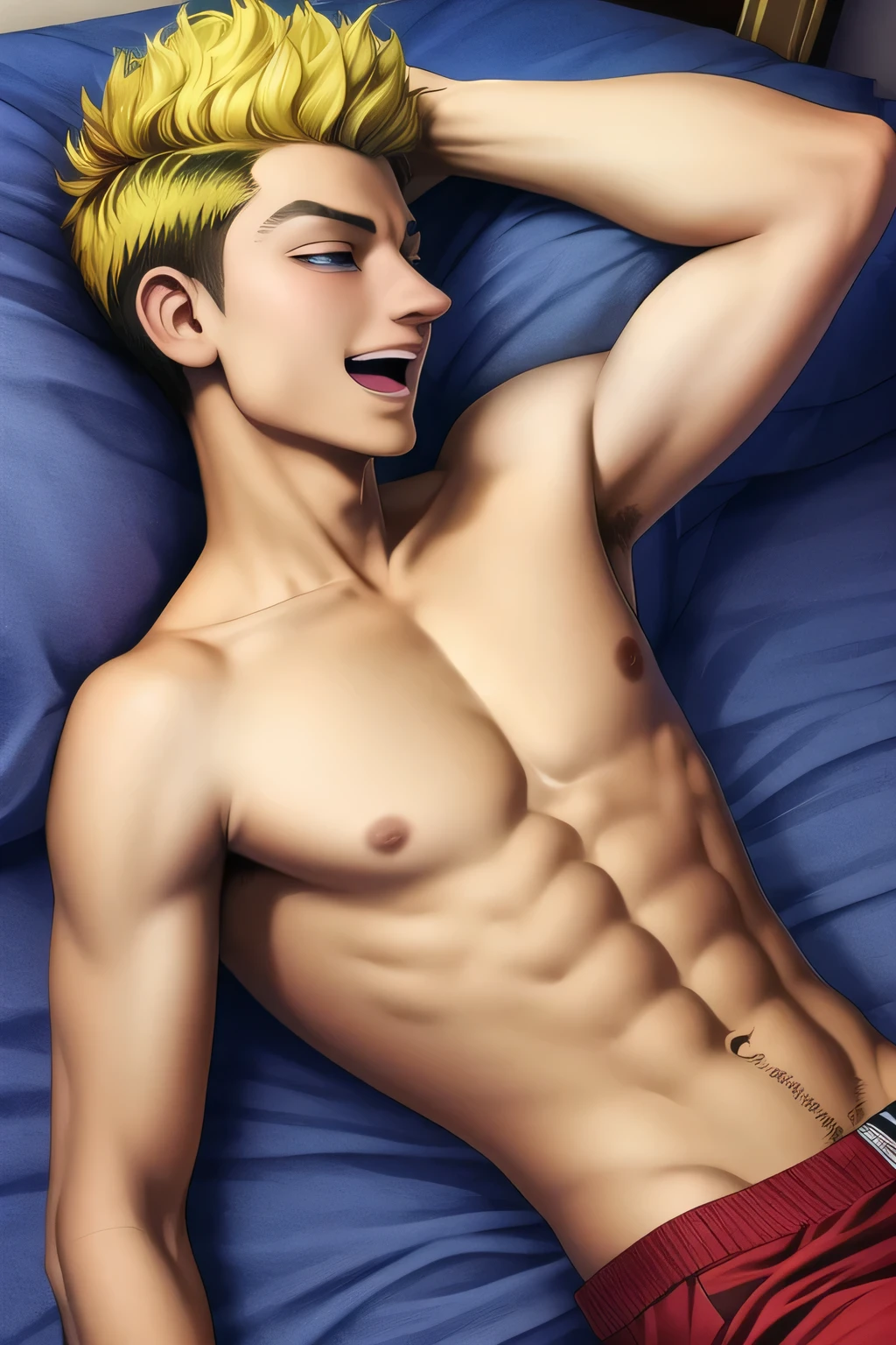 masterpiece, best quality, high quality, 1boy, solo, male focus, shirt off, yellow hair, other hand behind head, open mouth, lying on bed, full view, side view, waist.