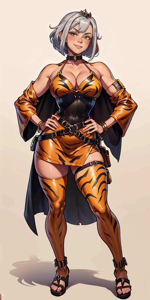 ((Masterpiece, plain background,1:2, masterpiece)) full body standing with two long yellow tiger print stockings, toned thighs, white silver hair, short bob hair, cleavage, separate yellow tiger print stockings thighs and sleeves, tiara royal, long cape up to two feet, yellow tiger bikini print, hands on waist, navel, lustful smirking smiling, smile face (red blushed, red cheeks) metal shoulders, armbands, black leather choker slave collar, full body standing with two long thighs and two metal sandals, red eyes, silver white hair, short bob hair, big knockers, cleavage, separate sleeves, tiara royal, long cape up to two feet, leather corset, yellow bikini, hands on hips, metal shoulders, armbands, black leather choker collar, shackles bracelets, slave red crest, pauldrons, loincloth standing, hands on hips, metal sandals, big belt, view from below, feet together, bracers, tiara, standing contrapposto straight symmetrical looking to viewer