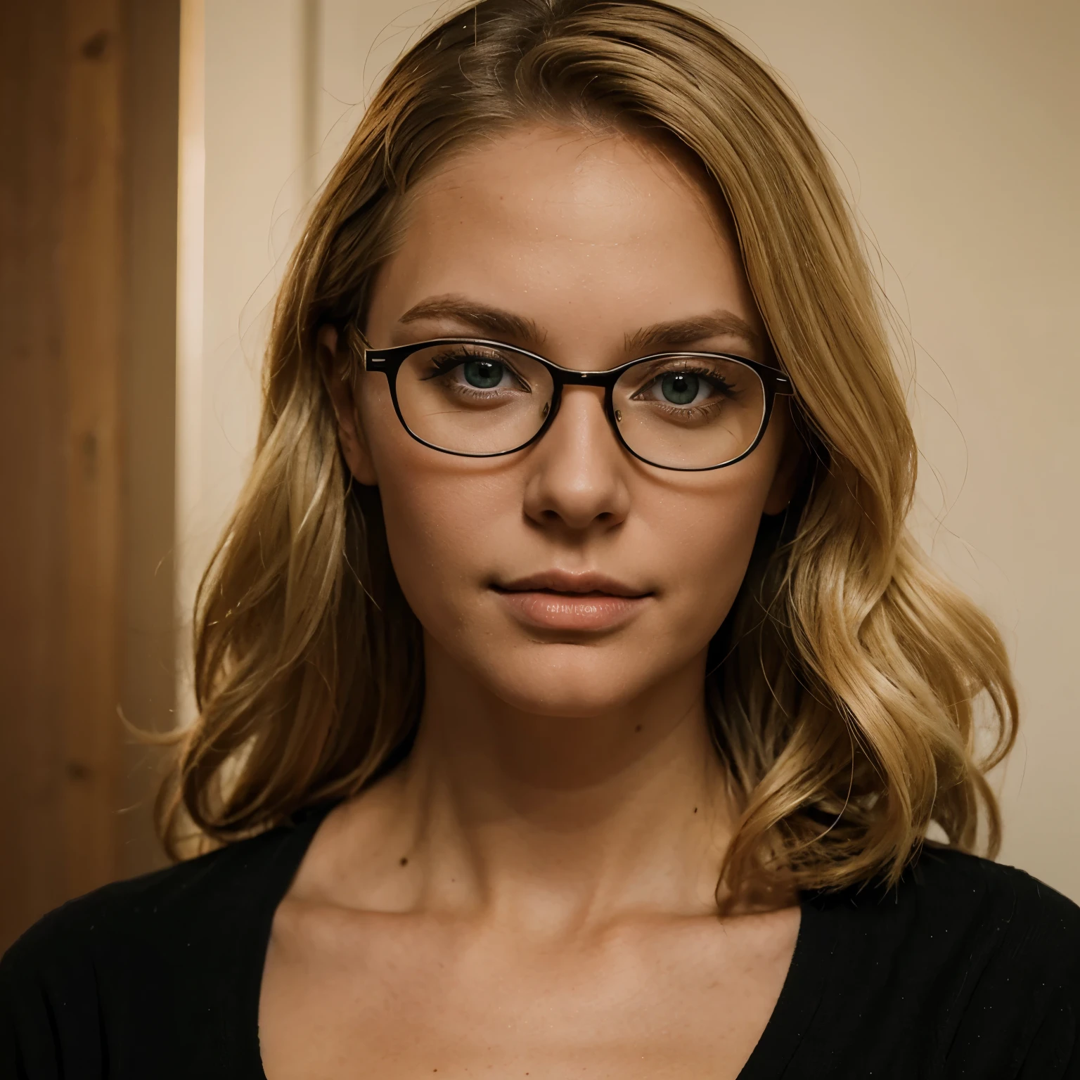 A blonde woman with dark green eyes who wears glasses measuring 34 years old