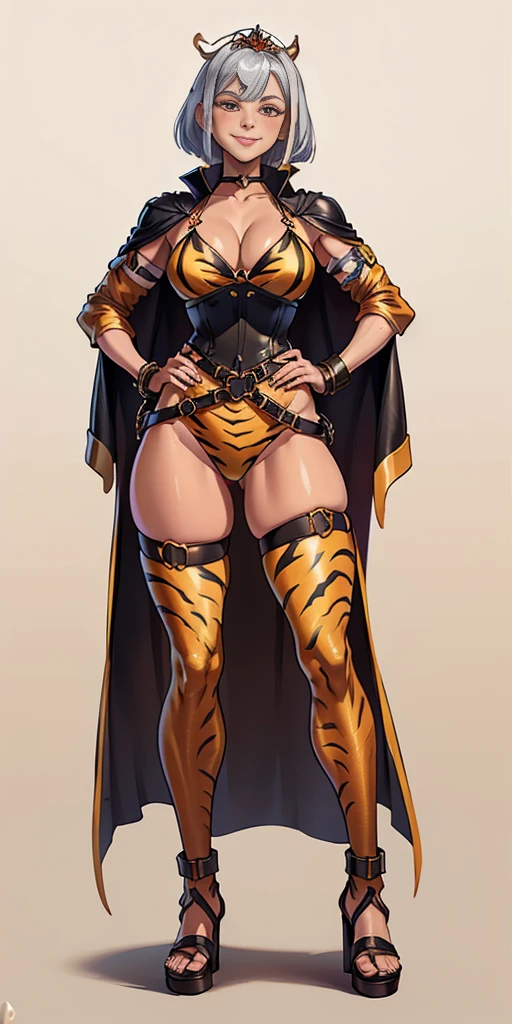 ((Masterpiece, plain background,1:2, masterpiece)) full body standing with two long yellow tiger print stockings, toned thighs,cleavage, separate yellow tiger print stockings thighs and sleeves, tiara royal, long cape up to two feet, yellow tiger bikini print, hands on waist, navel, lustful smirking smiling, smile face (red blushed, red cheeks) metal shoulders, armbands, black leather choker slave collar, full body standing with two long thighs and two metal sandals, red eyes, silver white hair, short bob hair, big knockers, cleavage, separate sleeves, tiara royal, long cape up to two feet, leather corset, yellow bikini, hands on hips, metal shoulders, armbands, black leather choker collar, shackles bracelets, slave red crest, pauldrons, loincloth standing, hands on hips, metal sandals, big belt, view from below, feet together, bracers, tiara, standing contrapposto straight symmetrical looking to viewer
