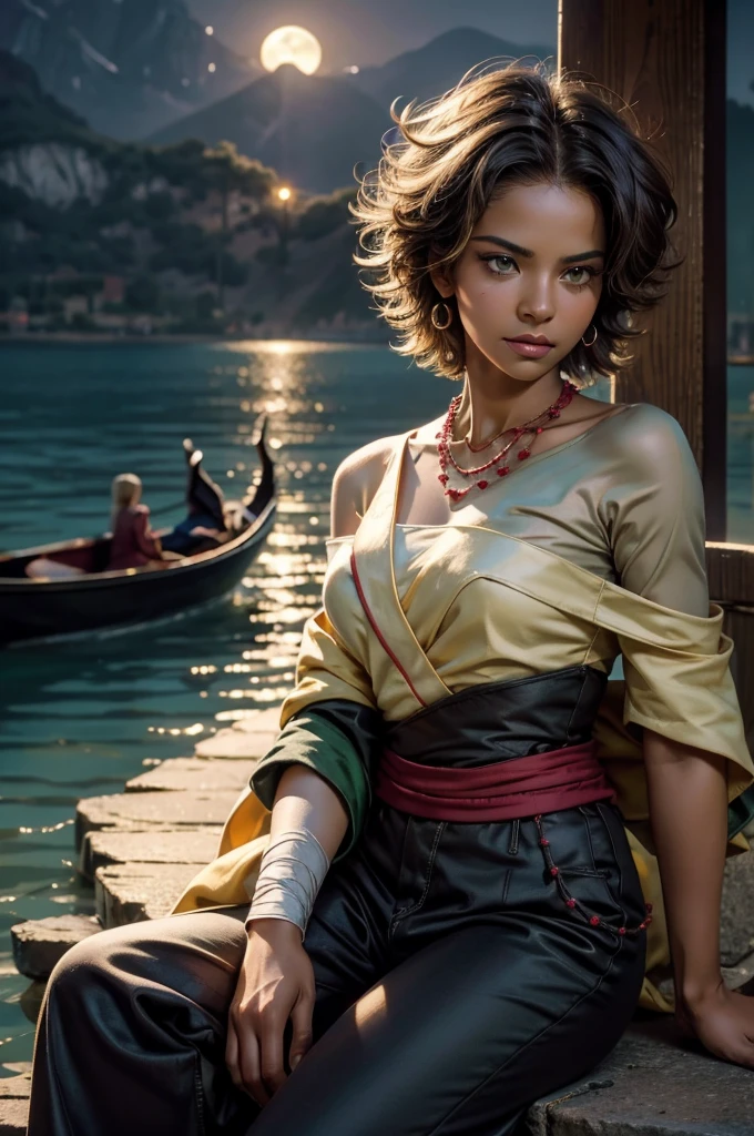 elegant face, beautiful face, highly detailed face, highly detailed skin, skin pores, subsurface scattering, realistic pupils, full lips, detailed background, depth of field, atmospheric perspective, volumetric lighting, sharp focus, absurdres, realistic proportions, good anatomy, (realistic, hyperrealistic:1.4), 16k hdr, arslanaltan, 1girl, blonde hair, short hair, green eyes, dark skin, brown skin, hair ornament, sash, baggy pants, bandages, bare shoulders, necklace, (Masterpiece, Best Quality, Highres:1.2), Detailed, Intricate Details, 4K, solo, full body, high rating, sitting in gondola, venice, italy, night, stars, moon closed mouth, serious look, serious expression, looking at viewer,
