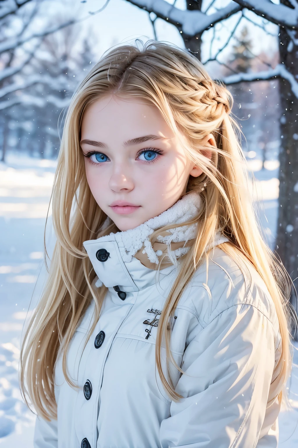 ((AlexiaThompson01R face)), beautiful, perfect, ((blonde hair)), ((long hair)), ((blue eyes)), ((Vibrant blue eyes)), perfect skin, white skin, thin nose, thin chin, small breasts, leaning against a tree, snow, cold, Canada, photo from the waist up, winter clothes, flushed nose and cheeks, white breath in the air, snowflakes falling, charming winter scenery, comfortable expression and happy, diffused natural light, high photography quality, emphasis on details of the scenery and climate, 12-year-old girl, childlike characteristics, innocence and tenderness.