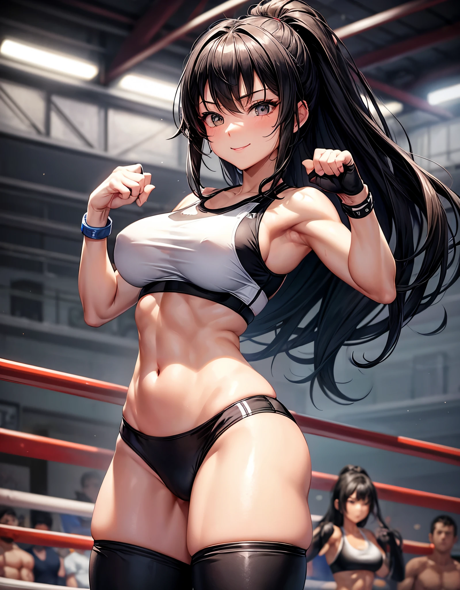 beautiful girl、Fighter、Black Hair、long hair、Big Breasts、sexy、Sexy、A gentle smile、Sports Bra、Surf bikini pants for women、Wristband、Gloves、Ring Shoes、canvaat、On the Ring、Match in the ring、indoor、venue、The whole body is visible、Abdominal muscleuscular、1Person-person perspective