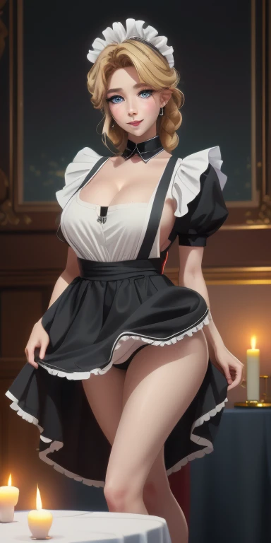 (masterpiece), best quality, Ultra Detailed, Perfect hands, Perfect legs, Delicate eye expression, 1 girl alone,, whole body,maid,Braided hair,Maid costume(Black, mini skirt),maid headdress, skirt lift, at midnight, 客厅Walk廊(hidden, Only candles are glowing), Walk,(High heel),Squint your eyes, Smile, Large Breasts. (((Cleavage)))8k, Ultra Detailed, Fair and aesthetic, high quality, Fair, masterpiece, best quality, Everlasting, Lean over, glowing skin, of mouth, blush, Sexy body, definition, Perfect eyes, blush, Strabismus,(eyes filled with tears, Saliva residue), The hem of the skirt is wet, Brushed, photography, 8k, HDR, high resolution, absurd:1.2, Kodak Portrait 400, Film Grain, Blurred background, Bokeh:1.2, lens flare, (Full of energy_color:1.2),专业photography师