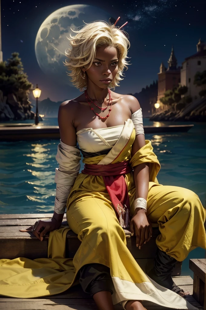 arslanaltan, 1girl, blonde hair, short hair, green eyes, dark skin, brown skin, hair ornament, sash, baggy pants, bandages, bare shoulders, necklace, (Masterpiece, Best Quality, Highres:1.2), Detailed, Intricate Details, 4K, solo, full body, high rating, sitting in gondola, venice, italy, night, stars, moon closed mouth, serious look, serious expression, looking at viewer,