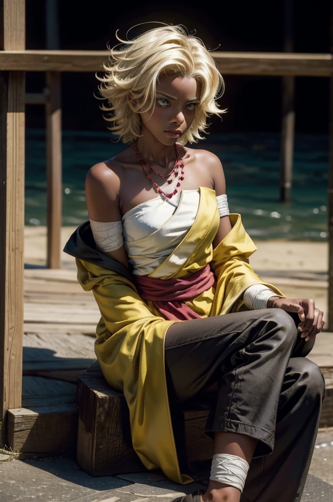 arslanaltan, 1girl, blonde hair, short hair, green eyes, dark skin, brown skin, hair ornament, sash, baggy pants, bandages, bare shoulders, necklace, (Masterpiece, Best Quality, Highres:1.2), Detailed, Intricate Details, 4K, solo, full body, high rating, sitting in gondola, venice, italy, night, stars, moon closed mouth, serious look, serious expression, looking at viewer,