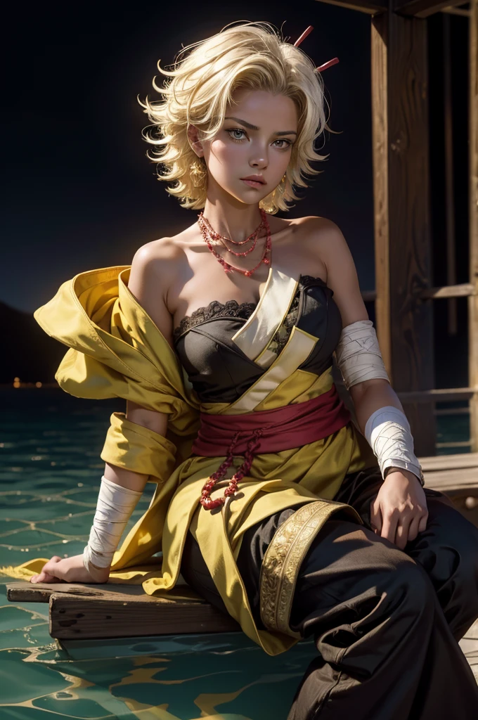 arslanaltan, 1girl, blonde hair, short hair, green eyes, dark skin, brown skin, hair ornament, sash, baggy pants, bandages, bare shoulders, necklace, (Masterpiece, Best Quality, Highres:1.2), Detailed, Intricate Details, 4K, solo, full body, high rating, sitting in gondola, venice, italy, night, stars, moon closed mouth, serious look, serious expression, looking at viewer,