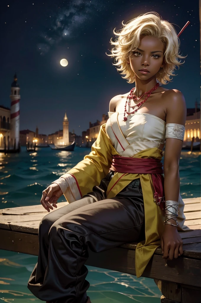 arslanaltan, 1girl, blonde hair, short hair, green eyes, dark skin, brown skin, hair ornament, sash, baggy pants, bandages, bare shoulders, necklace, (Masterpiece, Best Quality, Highres:1.2), Detailed, Intricate Details, 4K, solo, full body, high rating, sitting in gondola, venice, italy, night, stars, moon closed mouth, serious look, serious expression, looking at viewer,