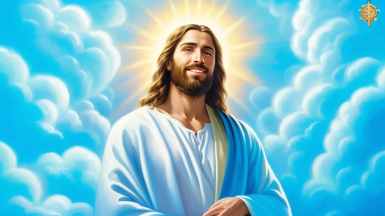 a painting of jesus holding a cross in his hands, jesus christ, portrait of jesus christ, jesus, jesus face, greg olsen, young almighty god, portrait of a heavenly god, jesus of nazareth, smiling in heaven, dressed like jesus christ, god looking at me, the lord and savior, gigachad jesus, the face of god