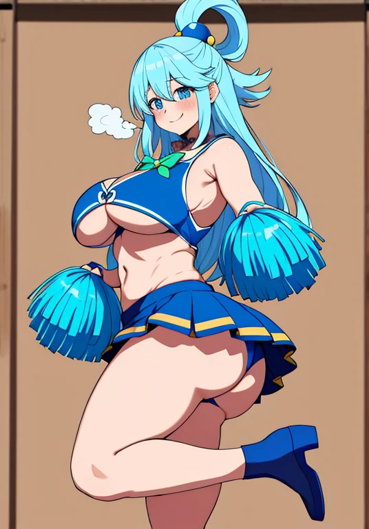 aqua \(konosuba\), mksks style, (very detailed background:1.0), (highly detailed background:1.0), {Masterpiece}, High Quality, 1girl, blue eyes, blue footwear, blue hair, blush, breasts, hair ornament, hair rings, leg up, long hair, looking at viewer, huge ass, huge breasts, huge thighs, narrow waist, wide hips, thick thighs, curvy, open hand, single hair ring, s, smile, solo, standing, standing on one leg, cleavage, hands in the air, jumping, pompoms, cheerleader, cheerleader outfit, mini skirt, exposed midriff, underboob, bouncing breasts, collar,blushing,sweating, (breathing hard), (panting), anime, farm, smile, very long hair, kono subarashii sekai ni shukufuku wo!,