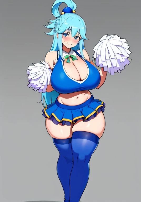 aqua \(konosuba\), mksks style, (very detailed background:1.0), (highly detailed background:1.0), {Masterpiece}, High Quality, 1girl, blue eyes, blue footwear, blue hair, blush, breasts, hair ornament, hair rings, leg up, long hair, looking at viewer, huge ass, huge breasts, huge thighs, narrow waist, wide hips, thick thighs, curvy, open hand, single hair ring, s, smile, solo, standing, standing on one leg, cleavage, hands in the air, jumping, pompoms, cheerleader, cheerleader outfit, mini skirt, exposed midriff, underboob, bouncing breasts, collar,blushing,sweating, (breathing hard), (panting), anime, farm, smile, very long hair, kono subarashii sekai ni shukufuku wo!,