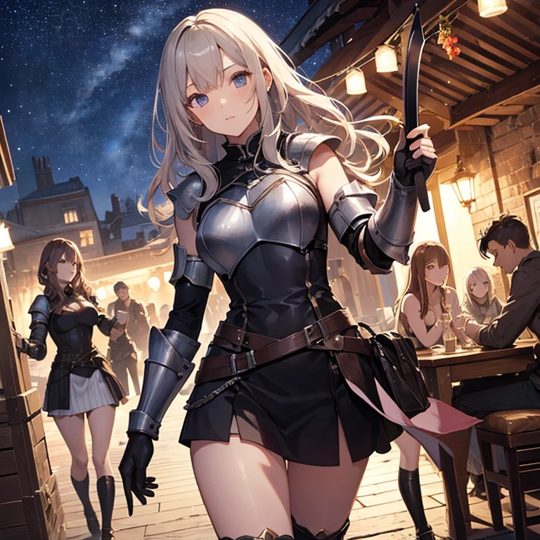 A group of young female knight, (in tavern), various hair styles, harem, wearing armored clothes, metal armor, night, details face, , short skirt, seducing, sword, sleeveless , night, starry night 