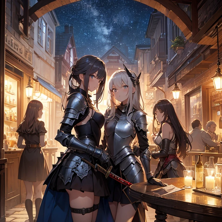 A group of young female knight, (in tavern), various hair styles, harem, wearing armored clothes, metal armor, night, details face, , short skirt, seducing, sword, sleeveless , night, starry night 