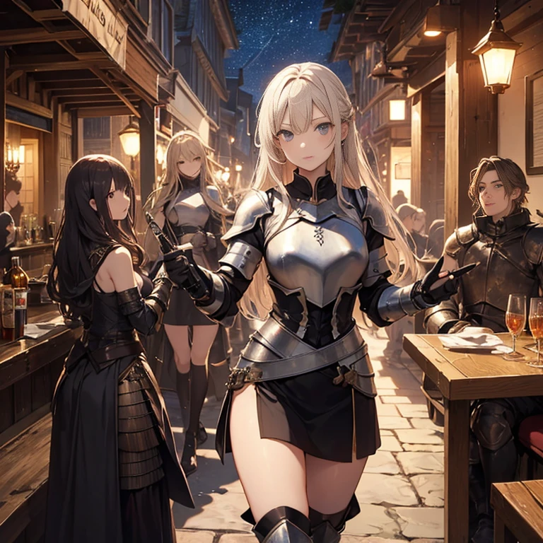 A group of young female knight, (in tavern), various hair styles, harem, wearing armored clothes, metal armor, night, details face, , short skirt, seducing, sword, sleeveless , night, starry night