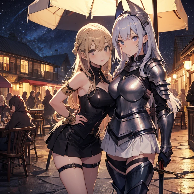 A group of young female knight, (in tavern), various hair styles, harem, wearing armored clothes, metal armor, night, details face, , short skirt, seducing, sword, sleeveless , night, starry night 