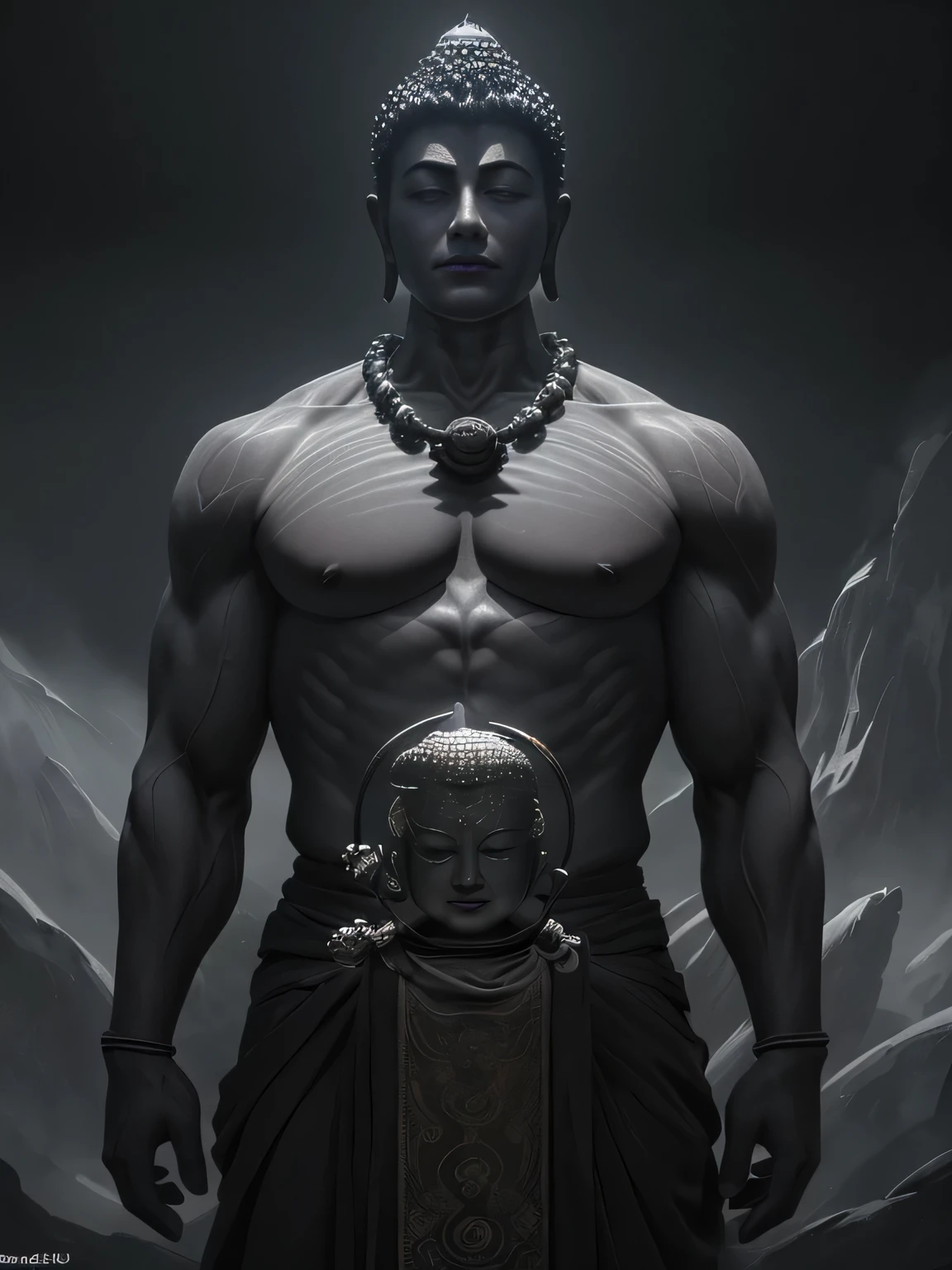(A dynamic and intricately detailed scene of) Buddha, with serene expressions and calm aura, (masterfully depicted in ultra-realistic illustration), stands firm in the midst of swirling chaos, (surrounded by a world of high resolution, 8K, and textured art). Demons, with menacing faces and grip on sinister weapons, (loom in the background, intricately designed with beautiful details, sharp lines, and deep shadows). The contrasting darkness and light create a cinematic atmosphere, highlighting every detail, from the folds in Buddha's robe to the veins in the demons' muscular arms. Each stroke of the artist's