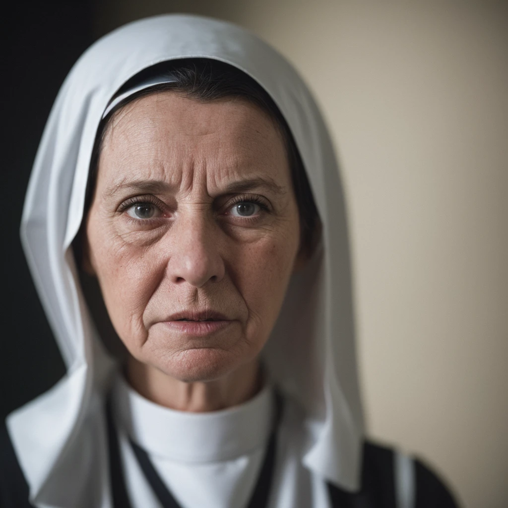 (close-up, editorial photograph of a 61 year old woman, a nun in a convent praying), (highly detailed face:1.4), (background inside dark, moody, private study:1.3), full body portrait, by lee jeffries, nikon d850, film stock photograph ,4 kodak portra 400 ,camera f1.6 lens ,rich colors ,hyper realistic ,lifelike texture, dramatic lighting , cinestill 800,
quinn_costume  