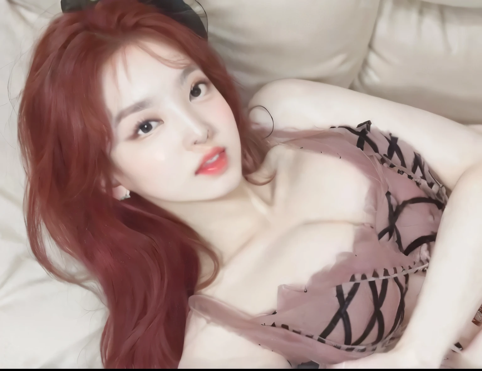 there is a woman sitting on a bed wearing a purple blouse, Amouranth, better known as Amouranth, Redhead Girl, young beautiful Amouranth, Anna Nikonova aka Newmilky, with pale skin, Yelena Belova, cute young Redhead Girl, beautiful mulher ruiva, mulher ruiva, ruiva curta, Modelo do Instagram, red head, pia sadie, rosto jennie do Black pink, 22 anos.