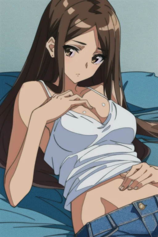 ((best quality)), ((masterpiece)), (detailed), perfect face, brown skin anime woman in a deep V-neck cami top, (jeans), (long hair), starving, (resting hands on the stomach), (hands on the stomach)