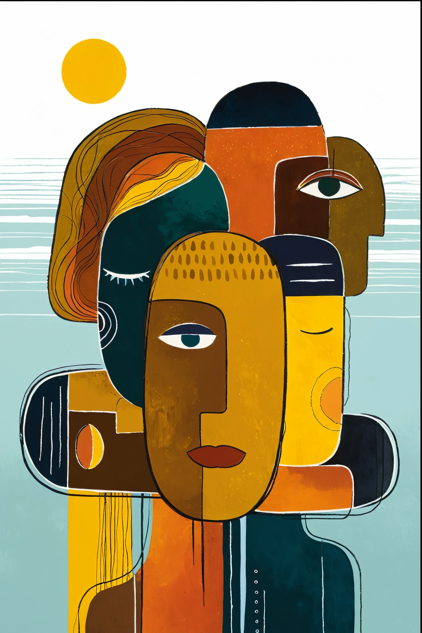 there are three people that are standing together in a painting, multicolored faces, multiple faces, by Ingrida Kadaka, by Lee Loughridge, by Tim Biskup, intricate faces, by David Burton-Richardson, in style of digital illustration, by Ken Elias, stylized digital illustration, digital illustration -, three heads