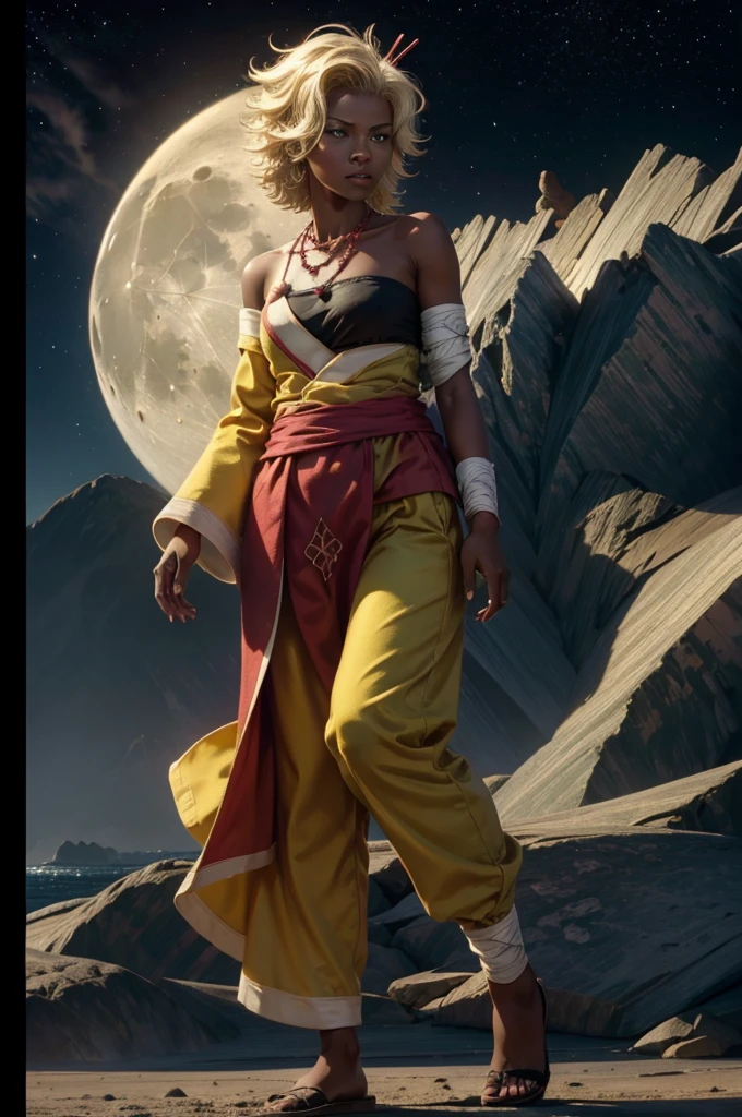 arslanaltan, 1girl, blonde hair, short hair, green eyes, dark skin, brown skin, hair ornament, sash, baggy pants, bandages, bare shoulders, necklace, (Masterpiece, Best Quality, Highres:1.2), Detailed, Intricate Details, 4K, solo, full body, high rating, standing, venice, italy, night, stars, moon closed mouth, serious look, serious expression, looking at viewer,